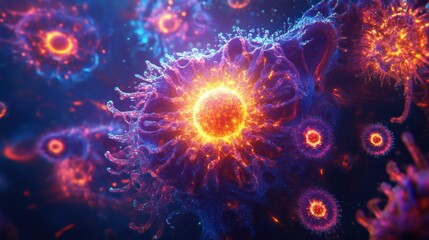 Fototapeta premium Glowing cell surrounded by menacing viruses in a vibrant, microscopic environment during a biological conflict. Generative AI