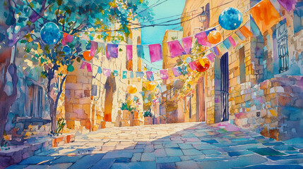 Naklejka premium Quiet Street with Festive Decorations Watercolor Illustration - Concept of Celebration, Culture, Colorful Art. Purim