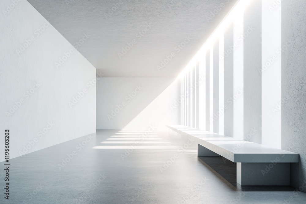 Poster Sunlight illuminating empty modern white building with bench