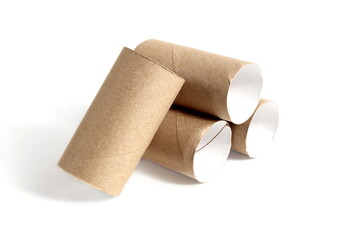 A cardboard toilet paper roll lies on a white background.	