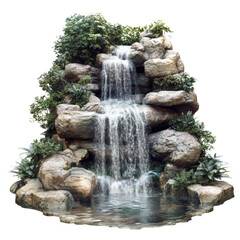 Water cascades down rocks lush greenery surrounds it.