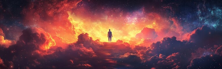 Fototapeta premium A surreal and vibrant illustration of a woman climbing a cosmic staircase, symbolizing enlightenment and a spiritual journey. Ideal for artistic posters, meditation content, and inspirational designs.