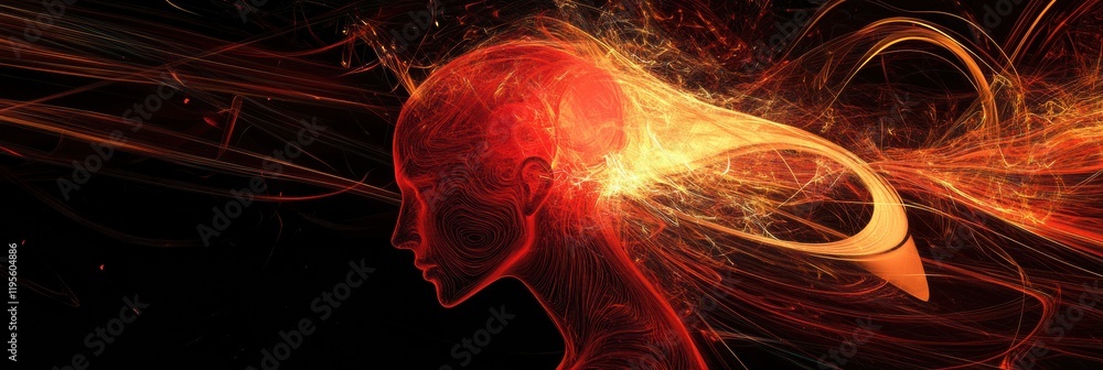 Fototapete person immersed in vibrant swirls and abstract shapes against a dark backdrop showcases creative exp