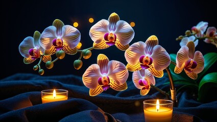 White Orchids and Candlelight on Dark Velvet Background