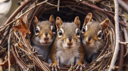 Three adorable squirrels snuggling in their cozy nest during a sunny afternoon