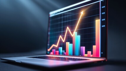 A vibrant, futuristic bar and line graph on a high-tech screen, showcasing data growth trends with glowing colorful bars and an upward trend line. Perfect for finance or analytics themes.
