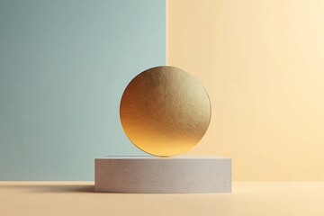 Golden disc balancing on stone podium: minimalist abstract composition