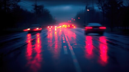 Rainy Night Traffic: Blurred Lights and Reflections on a Wet Urban Road