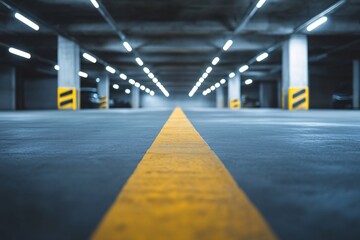 Yellow dividing line guiding through empty parking garage