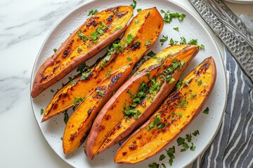 Roasted Sweet Potato Halves with Parsley
