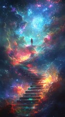 A surreal and vibrant illustration of a woman climbing a cosmic staircase, symbolizing enlightenment and a spiritual journey. Ideal for artistic posters, meditation content, and inspirational designs.
