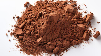 Chocolate and coffee powder, scattered cocoa on a light background.   Particles of earth and dust. Brown sand texture.Top view of the cake.