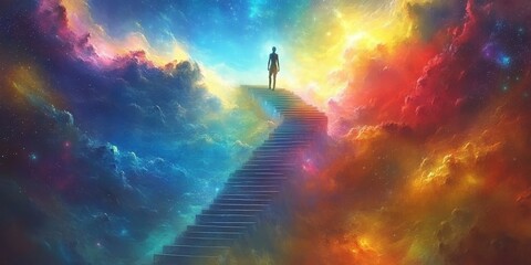 A surreal and vibrant illustration of a woman climbing a cosmic staircase, symbolizing enlightenment and a spiritual journey. Ideal for artistic posters, meditation content, and inspirational designs.