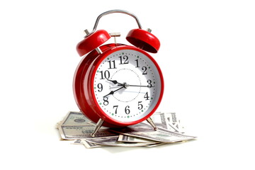 On a white background there is a red alarm clock on dollar bills.