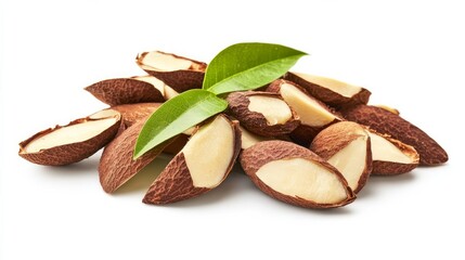 Fototapeta premium Brazil nuts with fresh green leaves on a white background