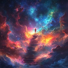 A surreal and vibrant illustration of a woman climbing a cosmic staircase, symbolizing enlightenment and a spiritual journey. Ideal for artistic posters, meditation content, and inspirational designs.