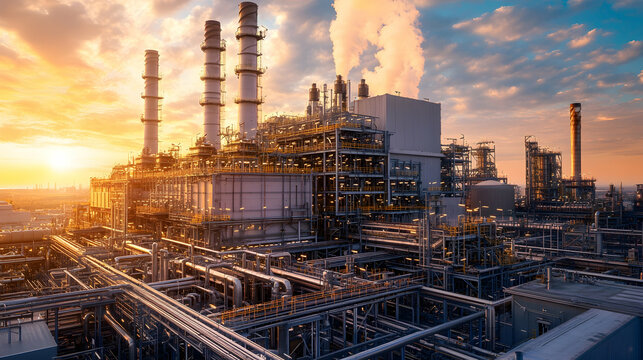 Industrial power plant at sunset with vibrant sky and smoke billowing