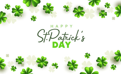 Vector illustration of happy saint patricks day word in realistic irish green clover border on white background. 3d style design of decorative pattern template for st patrick day celebration banner
