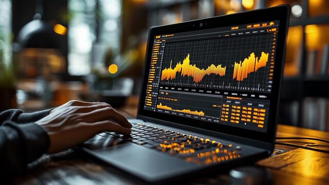 laptop on the screen, graph, business, monitor, pulse, chart, technology, digital, computer, stock, finance, line, trading, traders, office, speculation, stock exchange, trade, stocks, currency, crypt