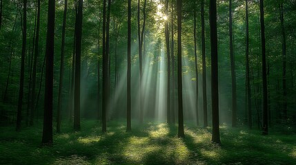 Obraz premium Sunlit Forest: Mystical Rays Illuminate Serene Green Woods
