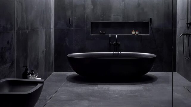 Video with modern bathroom in dark colors. Suitable for advertising of sanitary ware, interior design, hotels and spas.
