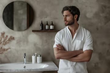 Stylish man stands with crossed arms in a modern bathroom, showcasing a minimalist shaving kit and toiletries on a marble countertop