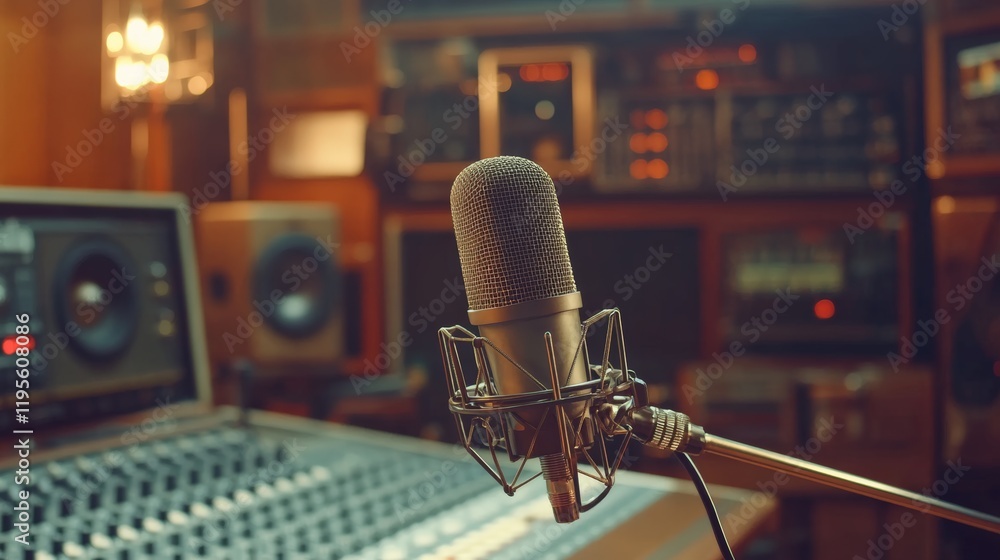 Poster Condenser microphone capturing sound in a professional recording studio, with audio equipment and mixing console in background, creating music or other audio content