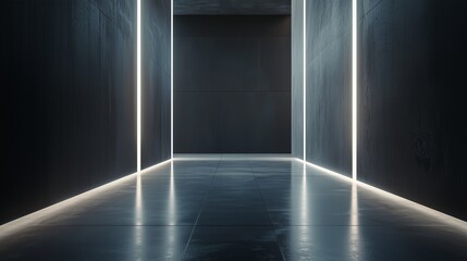 Dark minimalist space with sharp white light accents.