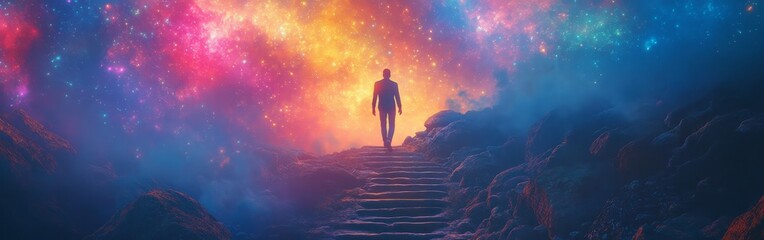 Obraz premium A surreal and vibrant illustration of a woman climbing a cosmic staircase, symbolizing enlightenment and a spiritual journey. Ideal for artistic posters, meditation content, and inspirational designs.