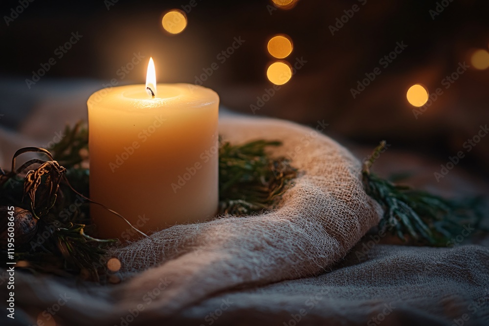 Poster burning candle creating cozy atmosphere with festive bokeh lights