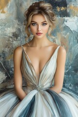 Fototapeta premium Elegant Woman in Artistic Gown with Textured Background Capturing Modern Fashion Aesthetics
