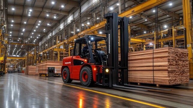 Red forklift truck transporting wooden lumber in a large warehouse.