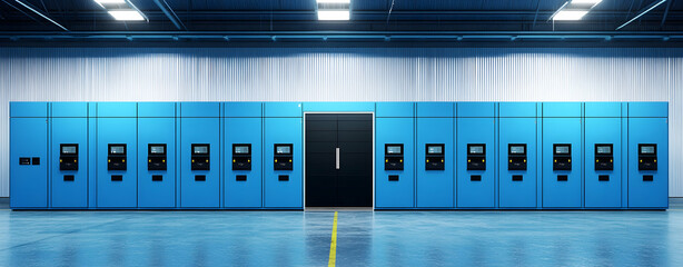 Home battery storage units in a bright warehouse, showcasing modern design and functionality.