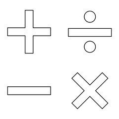 Obraz premium Math symbols icon set. Basic mathematical symbol. Plus and minus icon set. Multiply icon. Equals symbol, division symbol, Calculator button, business finance concept in vector, eps10