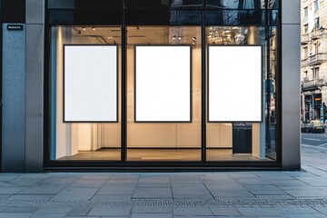 Modern store entrance with blank white posters and street view.
