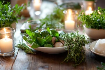 Preparing a healthy homemade meal with fresh basil, thyme, garlic, and other spices on a wooden table illuminated by candlelight
