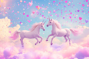 The image depicts two unicorns running in the sky surrounded by colorful hearts and clouds, creating a magical and whimsical atmosphere