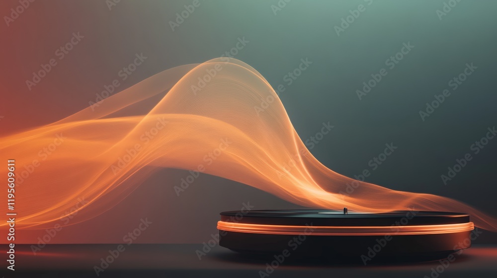 Poster Flowing orange energy waves radiate from a vinyl record player resting on a dark surface, visually capturing the essence of music and sound in a dynamic and abstract form