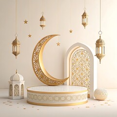 Islamic architecture, ornate arched doorway, golden crescent moon, hanging lanterns,