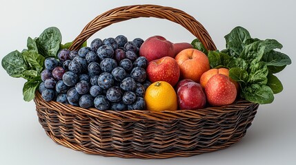 Wicker basket overflowing with ripe red apples, nectarines, plums, and grapes, garnished with fresh spinach leaves.