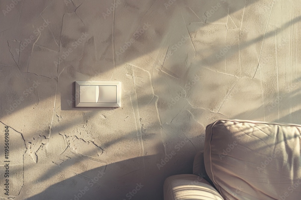Poster soft ambient light illuminates a light switch on a textured wall, enhancing the simplicity of the sp