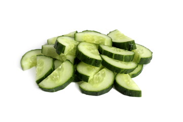 There is a pile of sliced ​​cucumbers lying on a white background.