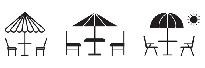 A variety of different colored umbrellas and tables, showing terrace icon, terrace icon in filled and outlined styles, terrace cafe icon, cafe seating icon
