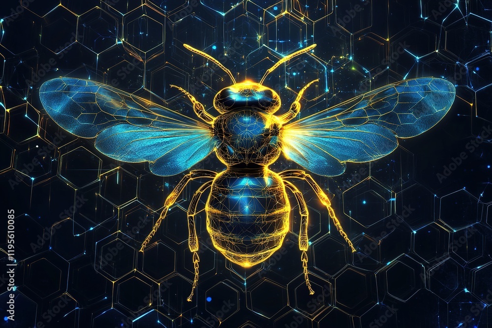 Poster this captivating abstract art showcases a 3d bee with shimmering metallic wings. it is encircled by 