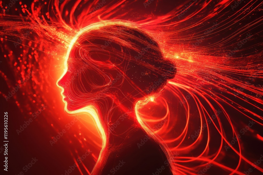 Fototapete Dynamic silhouette of a person amidst vibrant swirling lines and abstract shapes in a surreal setting. Generative AI