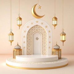 Islamic architecture, ornate arched doorway, golden crescent moon, hanging lanterns,