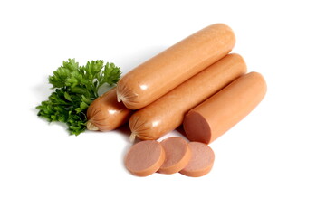 Sausages in casings lie on a white background.	