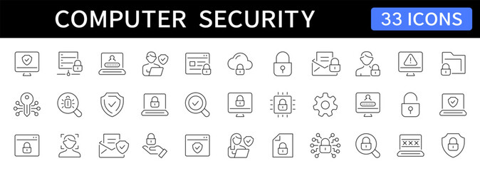 Computer and Cyber security thin line icons set. Editable stroke. Vector