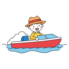 the boy is driving a boat in the river