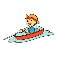 the boy is driving a boat in the river